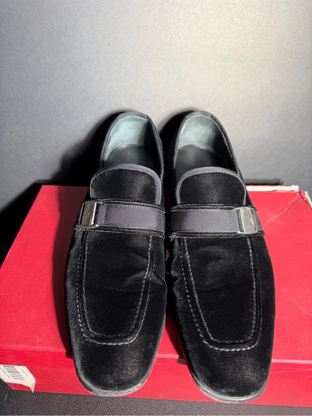 Salvatore Ferragamo Black Velvet Slip-On Loafers with Strap